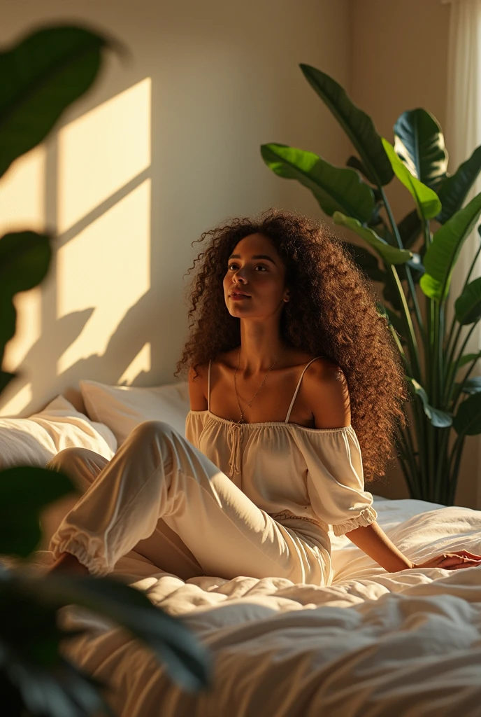 (photorealism:1.2), beautiful woman, sitting on bed, wearing loose off-shoulder top, pajama pants, long curly hair, indoors, soft lighting, plants in background, window with sunlight, cozy room, relaxed pose, realistic, intricate details, warm colors, by Greg Rutkowski, by Alphonse Mucha