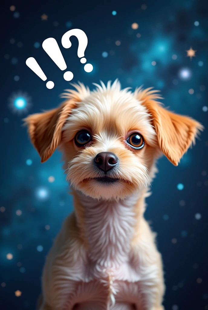 Close up of a dog's face, Space in the background (Beautiful shining stars and galaxies), Space Cat, big "!?" on the screen is written in big letters on the screen,Chihuahua Poodle