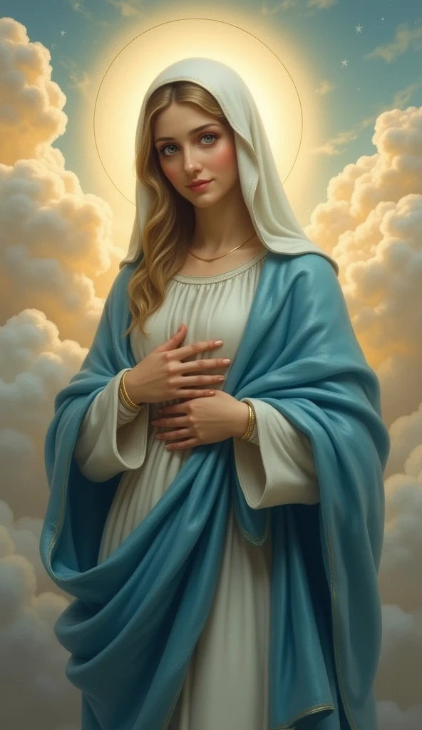 Staring at the camera with moist eyes、The Virgin Mary with a loving expression, whole body, Halo, Small breasts and beautiful nipples, The Virgin Mary in a blue cloak and veil
