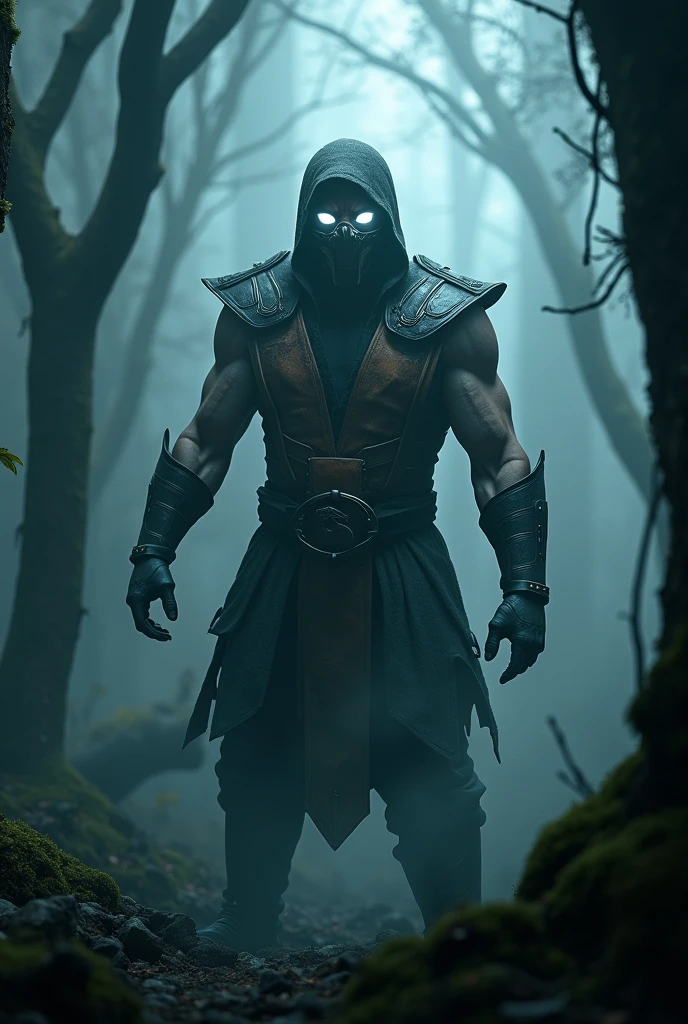 Mortal Kombat Scorpion, White eyes, Classic Mask, Movie 1995, Emerging from the Mist-Filled Forest, An atmosphere of darkness and fear, Fantastical Portrait Style, modular, Ultra-high resolution, --71 in:Over 118 -- 750 -- 5