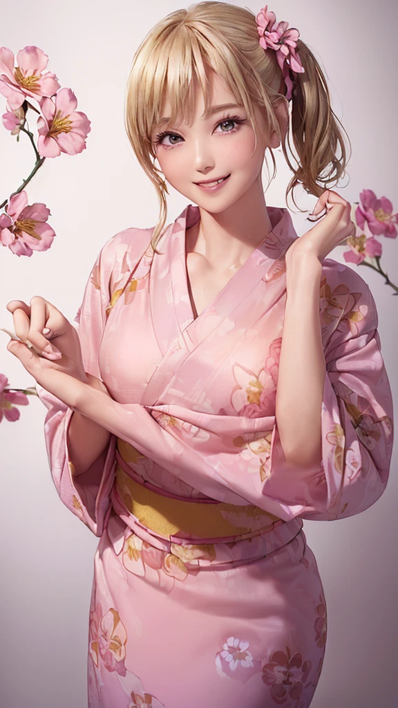 (((Cowboy Shot、Women's Solo Shot、Oil、Pure white wall background、masterpiece、Highest quality、High resolution)))、blonde、short hair、(((Side Ponytail)))、(((Floral Yukata)))、(((Pink Yukata)))、Fashionable hairstyles、Pure white wall background、Red cheeks、((No Shadow、Frame In))、((Small breasts))、((smile))、((Happy expression))、(((Raising the right hand)))、((((No background))))、