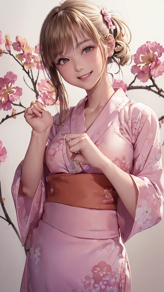 (((Cowboy Shot、Women's Solo Shot、Oil、Pure white wall background、masterpiece、Highest quality、High resolution)))、blonde、short hair、(((Side Ponytail)))、(((Floral Yukata)))、(((Pink Yukata)))、Fashionable hairstyles、Pure white wall background、Red cheeks、((No Shadow、Frame In))、((Small breasts))、((smile))、((Happy expression))、(((Raising the right hand)))、((((No background))))、