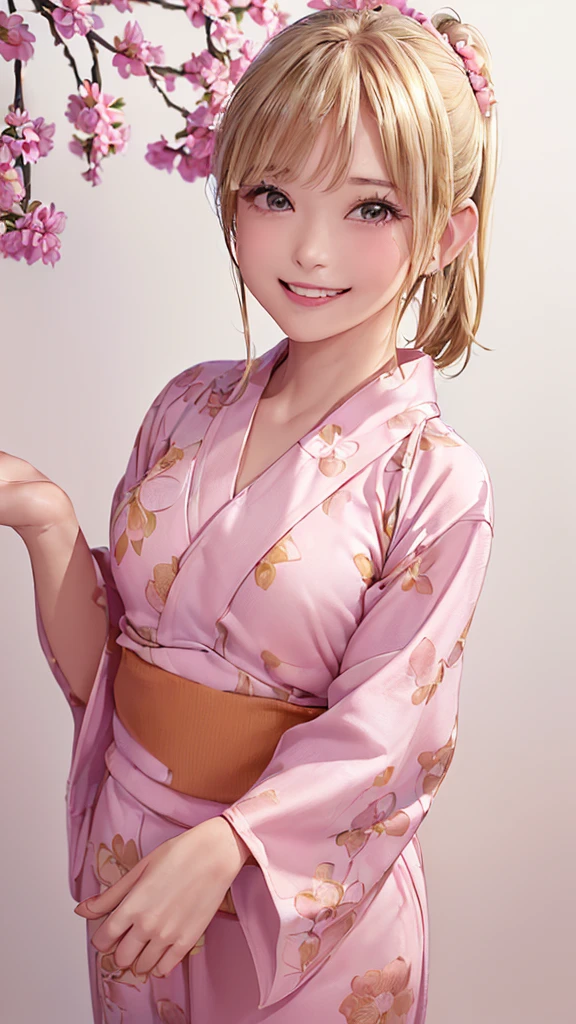 (((Cowboy Shot、Women's Solo Shot、Oil、Pure white wall background、masterpiece、Highest quality、High resolution)))、blonde、short hair、(((Side Ponytail)))、(((Floral Yukata)))、(((Pink Yukata)))、Fashionable hairstyles、Pure white wall background、Red cheeks、((No Shadow、Frame In))、((Small breasts))、((smile))、((Happy expression))、(((Raising the right hand)))、((((No background))))、