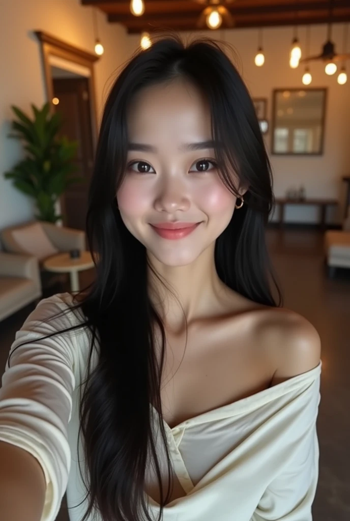 A beautiful asian women, long straight black hair, big breast, big breasts , big tits , busty, big chest,double eyelids, beautiful face, hd, realistic detailed, wearing a sexy off shoulder big loose t-shirt, shorts,selfie, inside her big apartment home, selfie with her best friends, girlfriends, friends, Selfie with best friends