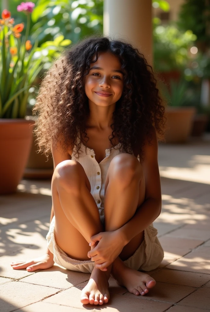 A brunette girl with curly hair and big breasts sits with her legs stretched out, taking a realistic photo