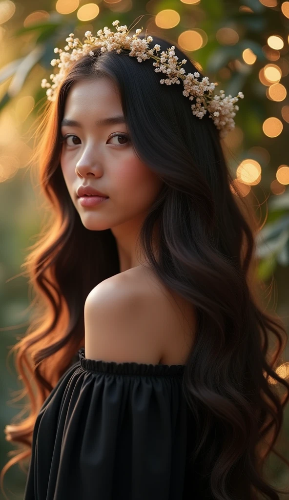 Photo of a young charming brunette,
realistic,
with long, wavy hair,
beautifully intertwined with a fine garland,
sparkling,
sparkling,
close-up,
dramatic light,
high detail,
perfect face,
black dress,
stunning,
beautiful place,
glitter,
breathtaking,
mysterious,
enchanted,
divine