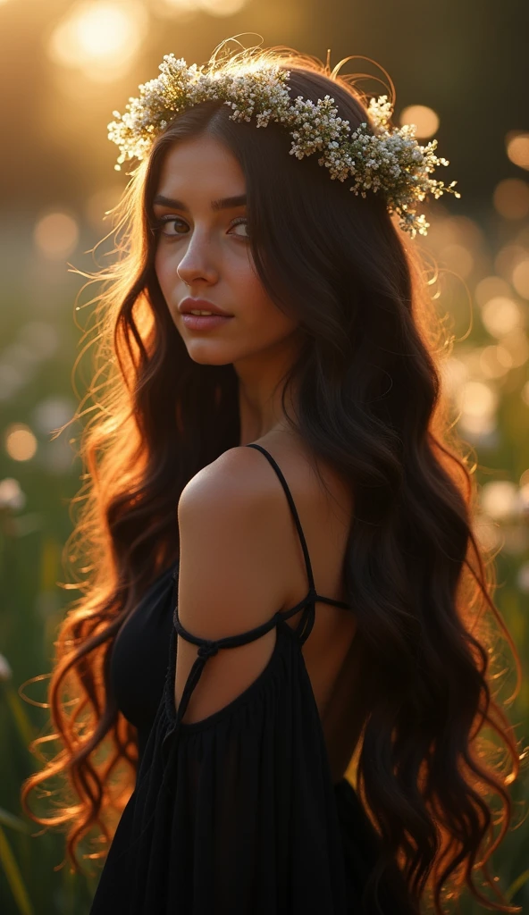 Photo of a young charming brunette,

realistic, 

with long, wavy hair,

beautifully intertwined with a fine garland,

sparkling,

sparkling,

close-up,

dramatic light, 

high detail, 

perfect face, 

black dress, 

stunning, 

beautiful place, 

glitter, 

breathtaking, 

mysterious, 

enchanted, 

divine