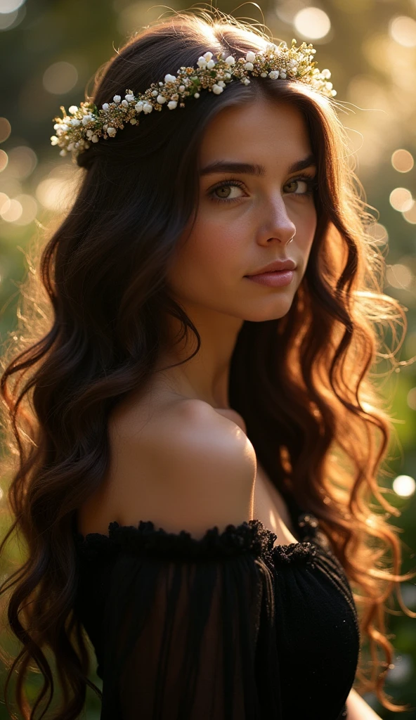 Photo of a young charming brunette,
realistic,
with long, wavy hair,
beautifully intertwined with a fine garland,
sparkling,
sparkling,
close-up,
dramatic light,
high detail,
perfect face,
black dress,
stunning,
beautiful place,
glitter,
breathtaking,
mysterious,
enchanted,
divine