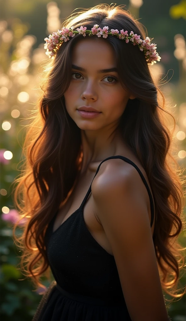 Photo of a young charming brunette,
realistic,
with long, wavy hair,
beautifully intertwined with a fine garland,
sparkling,
sparkling,
close-up,
dramatic light,
high detail,
perfect face,
black dress,
stunning,
beautiful place,
glitter,
breathtaking,
mysterious,
enchanted,
divine