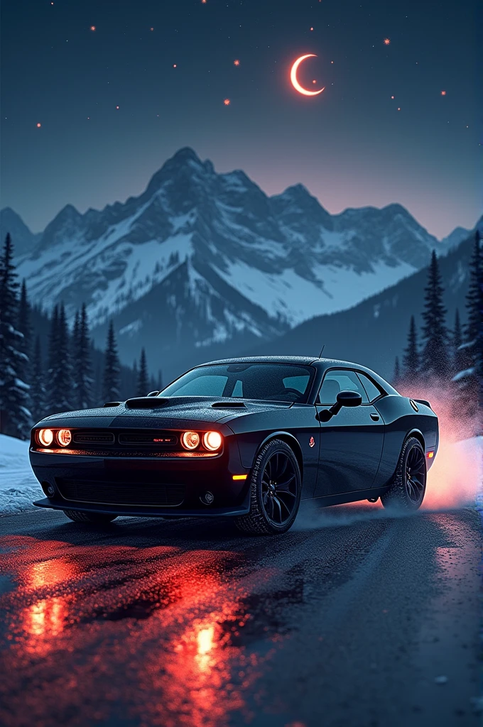 A dodge challenger black wet standing at road at background night snow mountain and red stars and moon