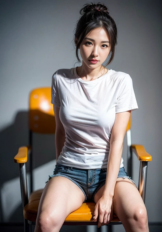 A boldly composed photograph of a Japanese woman that looks like it was taken by a famous artistic photographer, (((Blockbuster art photography)), (8k, Highest quality). A stunning composition using a model with excellent proportions. Perfect beauty model with a confident and balanced appearance, ((Highest quality質)), ((masterpiece)), (Familiar:1.4), ((Highest quality質のリアルな写真)), ((Shot with Hasselblad)), ((Best photo quality)), Beautiful womanの画像,Super Resolution,Slim and perfectly proportioned, Beautiful woman, ((Highest quality質, 8k, masterpiece: 1.3)), Beautiful woman, 1 female, Slim figure: 1.1, Perfect beauty, 20-year-old, (Realistic: 1.4), Ahegao, Shining Sweat, thin, Art photo composition with space around the woman, See through, (((Studio shot))), (((The background is only gray and there is nothing.))), Full body photo, Anatomically correct hand, Anatomically correct legs, anatomically correct whole body, Marble room, White T-shirt and hot pants. Cowboy Shot, (((Holding your crotch with your hand))). (((Sit on the chair and face forward))),