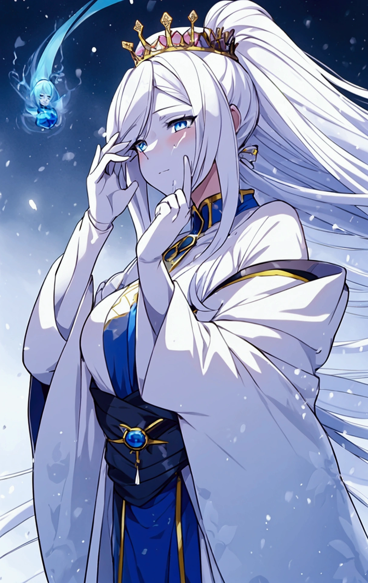 ((The queen who took her face skin and replaced her)), Anime girl with long white hair and blue dress in the snow, White-haired God, White hair floating in the air, Anime fantasy illustration, Flowing white hair, Beautiful young wind spirit, Beautiful fantasy anime, Shiny, flowing hair, Ethereal Anime, Beautiful anime artwork, Beautiful digital art, Anime fantasy artwork, ((Beautiful Fantasy Empress)), 2. 5 d cgi Anime fantasy artwork, NSFW