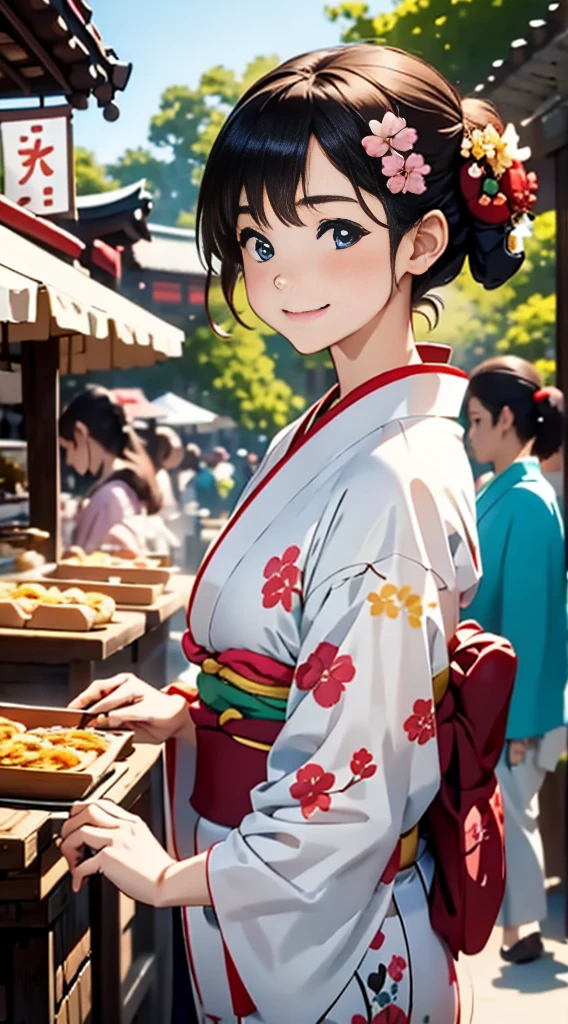 A festival, food stalls lined up around you, a woman in a yukata, smiling happily