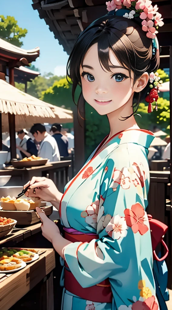 A festival, food stalls lined up around you, a woman in a yukata, smiling happily