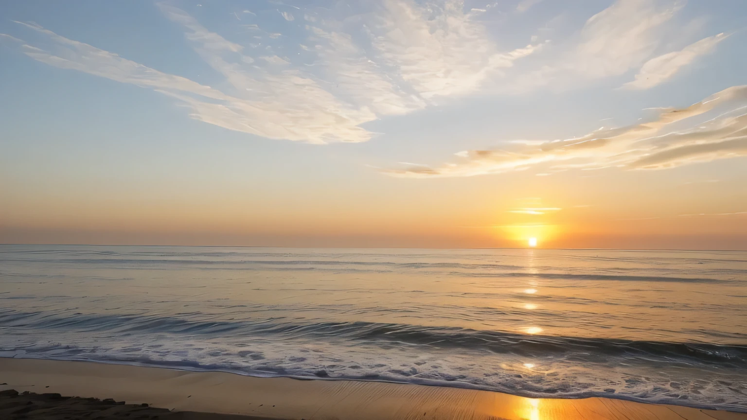 Please paint the dawn sea。The sunset is reflected and the surface of the water is sparkling、There are wispy clouds in the sky。It makes you feel the start of the day、It's a hopeful dawn。