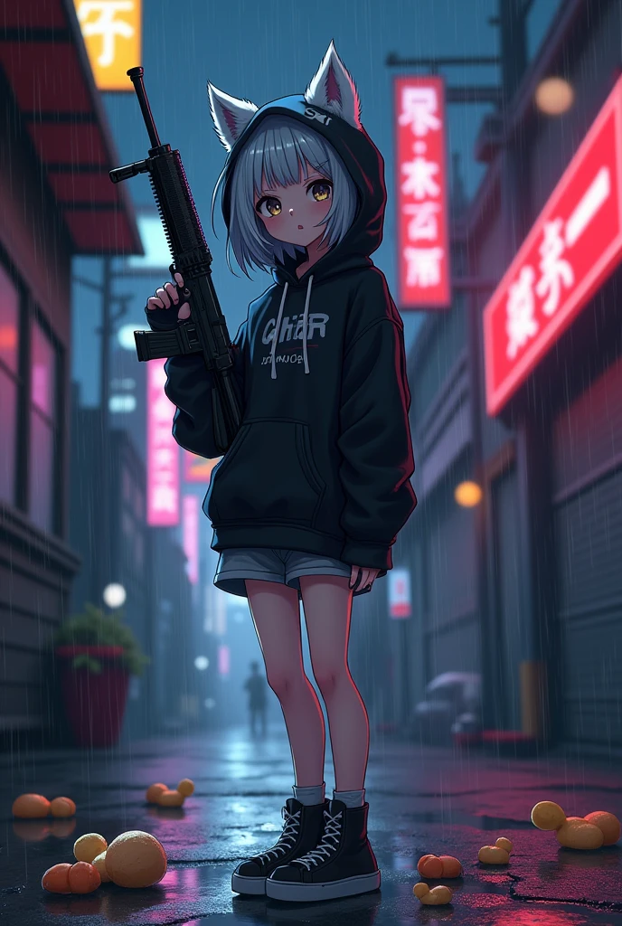 The background is night、rain、Back alley、In anime style、in a black wolf hoodie、Shorts、Wear a hood、The food is ear-shaped, the hair is silver and short.、Assault rifle in hand、A little mature