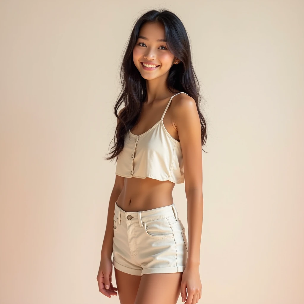 The most accurate and realistic real display ever filled with every realistic pixel of realistic detail of An enchanting Caucasian 18-year-old brunette standing in a full body view, exuding innocence and natural beauty. She is tall and slender, with a figure that elegantly combines delicate skinny legs and arms, a minuscule waist, and a modestly proportioned bust and backside. Her long, straight hair cascades down her back, framing a face that is the epitome of youthful charm with very blue eyes that sparkle with a hint of mischief. Dressed in a summer ensemble that accentuates her lean physique, she wears a crop top that reveals a sliver of toned midriff and a pair of high-waisted shorts that hug her narrow hips. Despite the heat of the season, she manages to maintain a cool, breezy look with her outfit, which consists of light fabrics that dance around her, revealing glimpses of her flawless skin. The way she holds herself, with a slight tilt of her head and a soft smile playing on her lips, suggests that she is fully aware of her allure and embraces it with a sense of playful confidence. Her posture is relaxed yet poised, as if she's been captured in a moment of pure, unfiltered happiness. The background is a blend of soft pastels, which contrasts beautifully with her tanned complexion and the dark hue of her hair, making her the focal point of the image. Her cute and innocent demeanor is undeniable, yet there is an undeniable sexiness to her that transcends the seasons—from the warmth of summer to the chill of winter, she remains the most beautiful anyone has ever laid eyes on.
