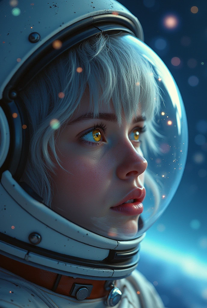 (Close-up of a better masterpiece:1.5)0.9], (Space and astronauts:1.2) (Messy silver hair:1.1) (Heterochromia xanthochromia and blue eyes:1.2) (Space Helmet:1.0) (Colored stars in the eyes:1.0) (A radiant glow:1.1) (thick lips:0.9)