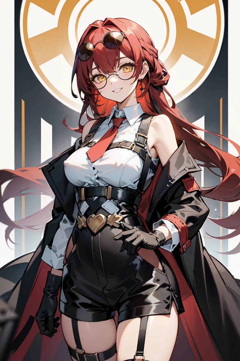 One person, young woman, alone, Long Hair, Big Hair, (amount:1.13), (Round sunglasses:1.2), Yellow Eyes, Bright Red Hair, Medium chest, Grin, (Overcoat, Black coat, Open Court:1.2), White shirt, Collared shirt, (Chest Harness, shoulder strap:1.15), Erect nipples, Black leather shorts, garter belt, gloves, elegant, Put your arms behind your back, View your viewers, Are standing,, ((close)), Face only, Cowboy Shot, masterpiece, Highest quality, 4K