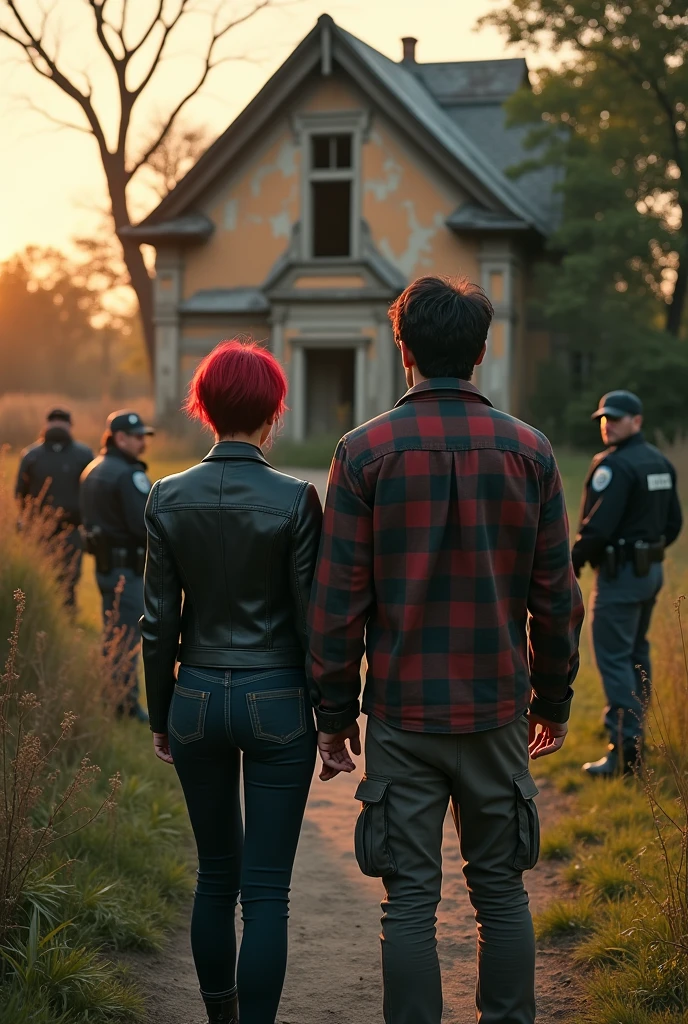 Make a man and a woman who are not police officers stand with their backs to a very old house (woman with short red hair and a man with black hair) (and other police officers surrounding the house)
