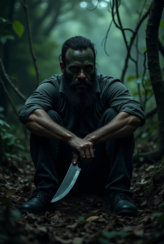 A man with a machete and a mask sitting on a body where you can barely see his face.