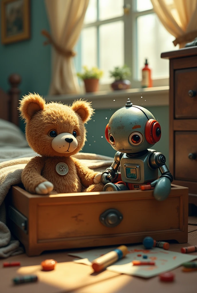 half open aesthetic drawer with broken teddy bear and a robot toy