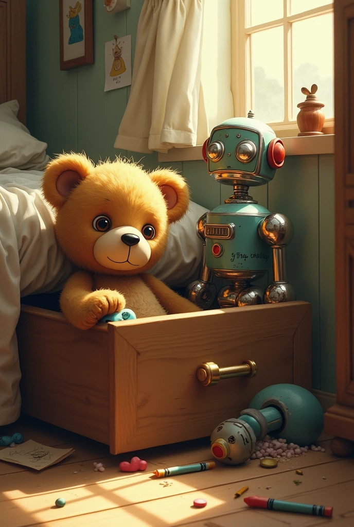 half open aesthetic drawer with broken teddy bear and a robot toy