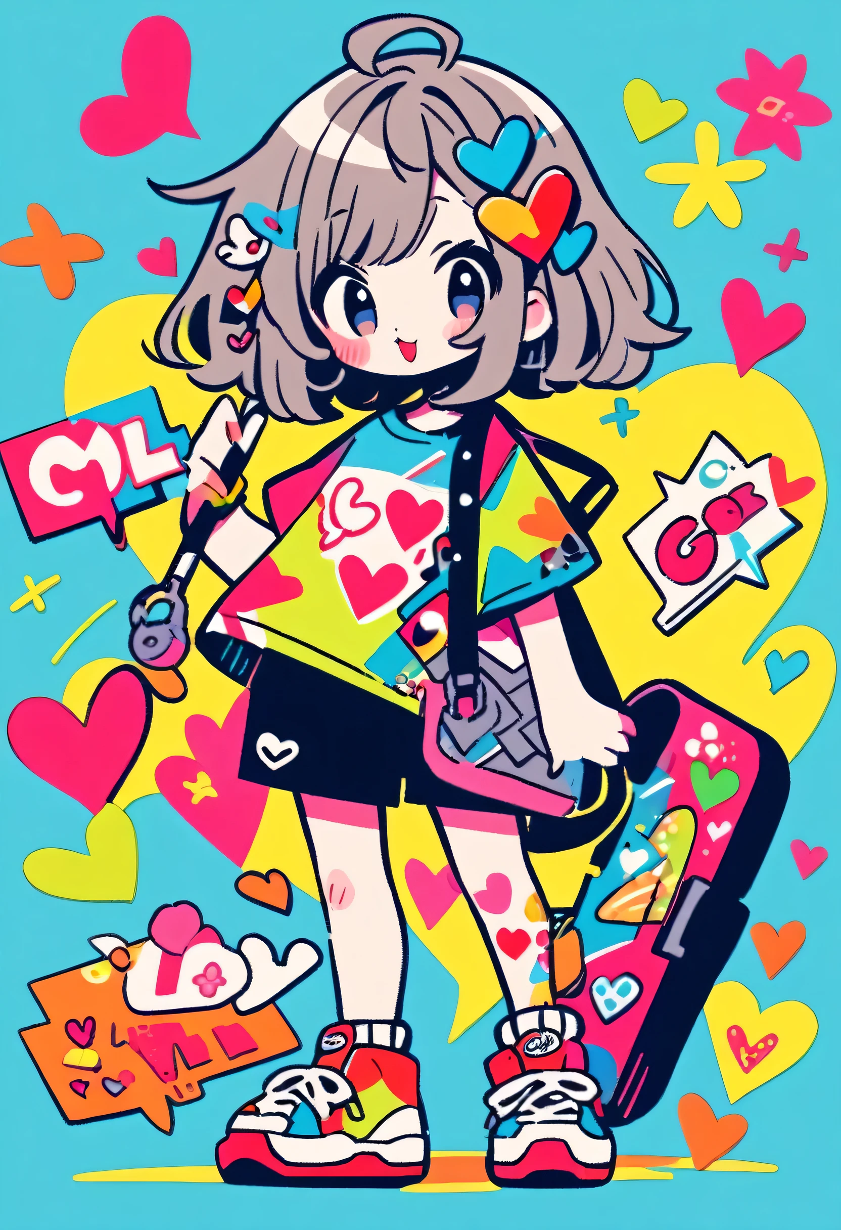 Ultra-realism Micho colorful style, Simple Line Initialism,Abstract art,(((The most beautiful girl of all time))), chibi, Sweet face. Lips in love, colorful hearts, stylish design, Harajuku fashion in summer, Dark Eyes, Walking, (((Japan))), Colorful graffiti