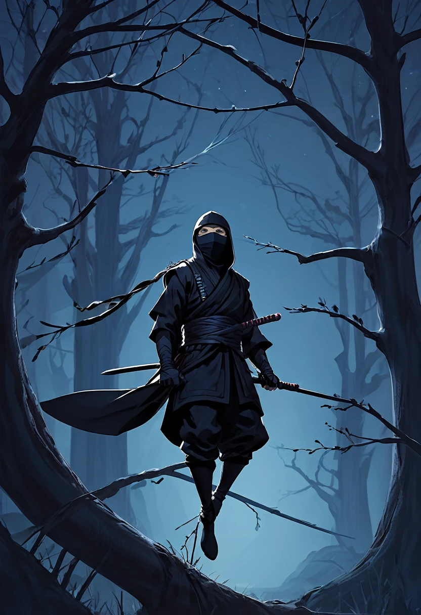A ninja waits on the branches of a tree in the darkness of the night.