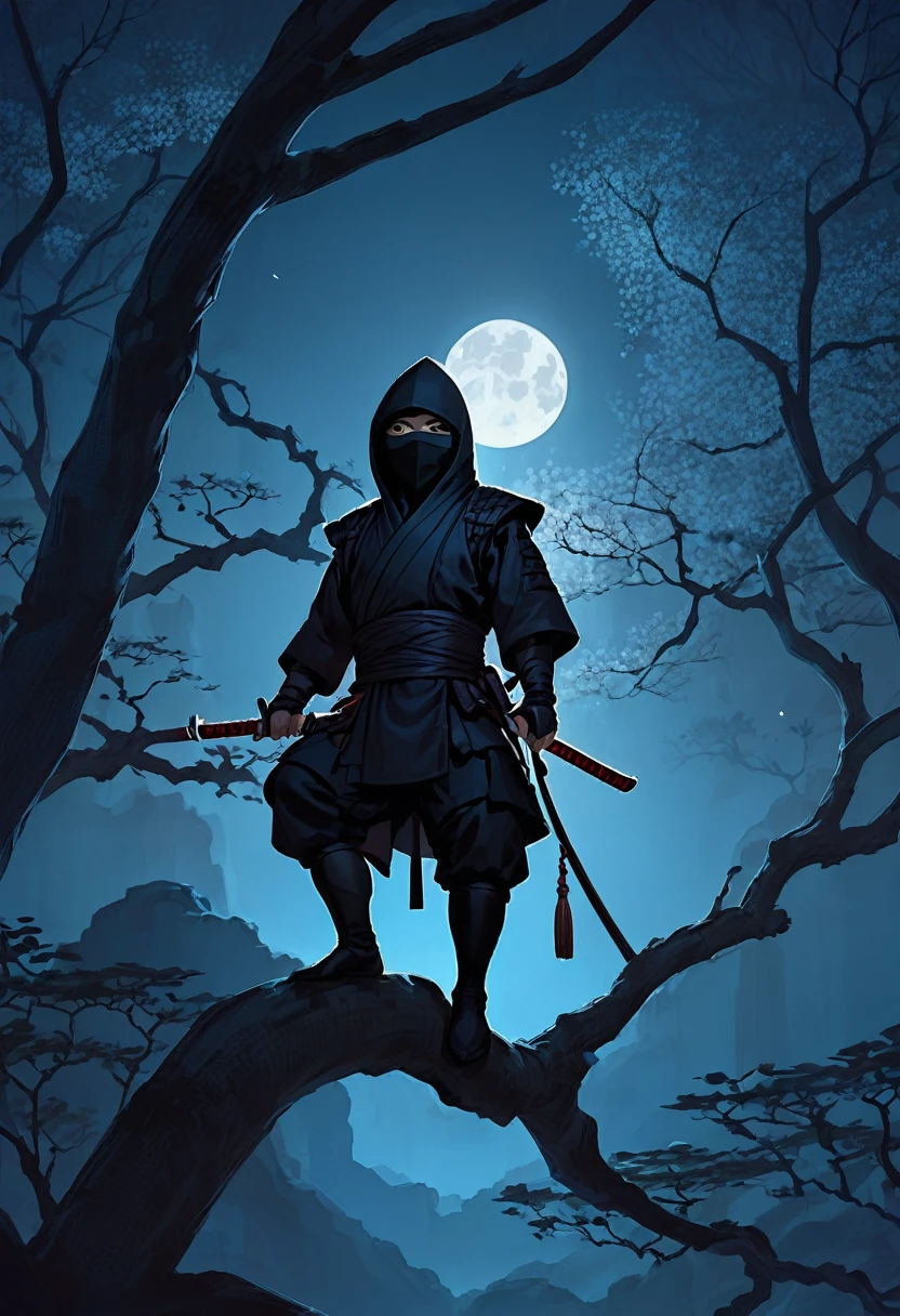 A ninja waits on the branches of a tree in the darkness of the night.