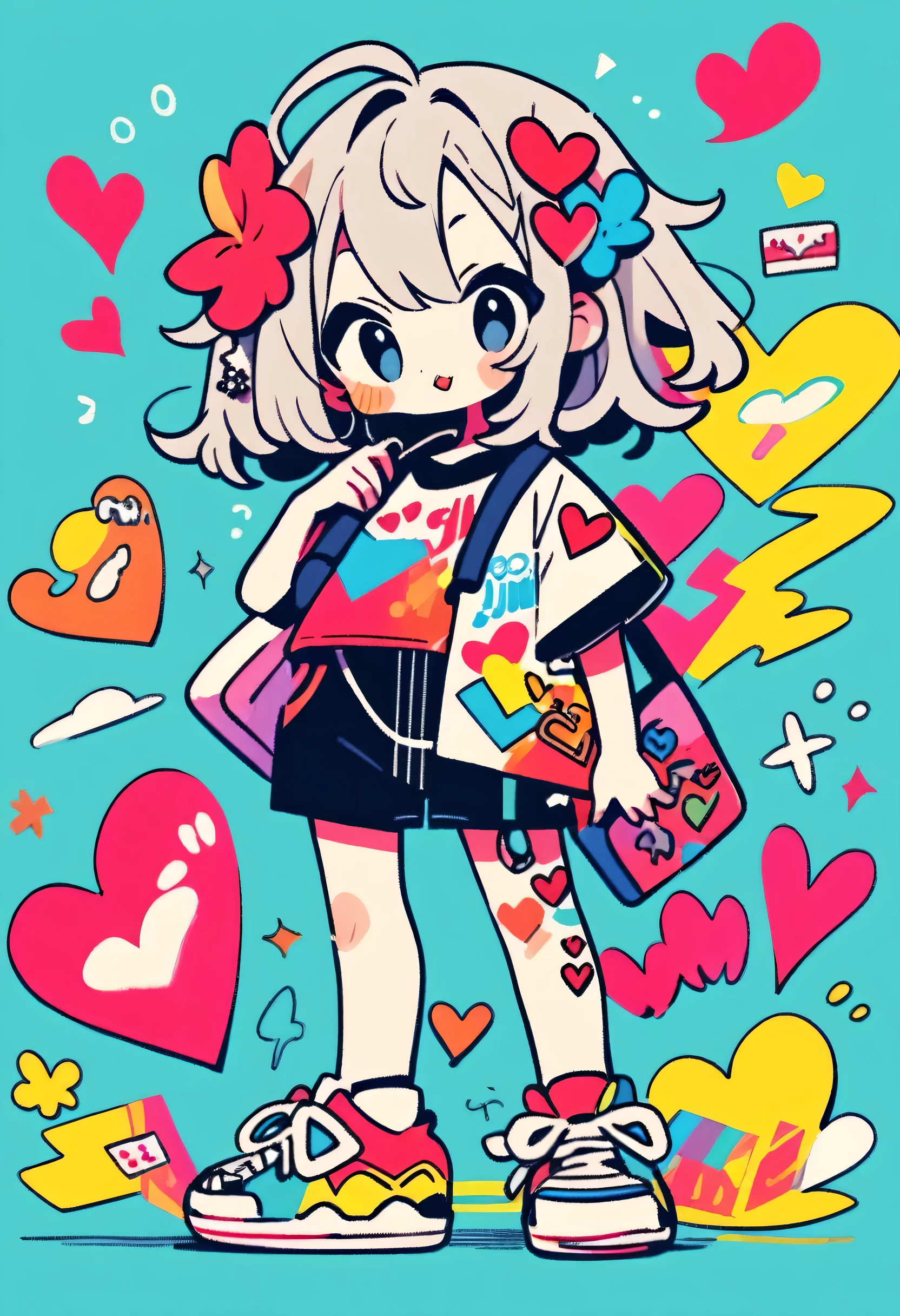 Ultra-realism Micho colorful style, Simple Line Initialism，Abstract art，(((The most beautiful girl of all time))), chibi, Sweet face. Lips in love, colorful hearts, stylish design, Harajuku fashion in summer, Dark Eyes, Walking, (((Japan))), Colorful graffiti