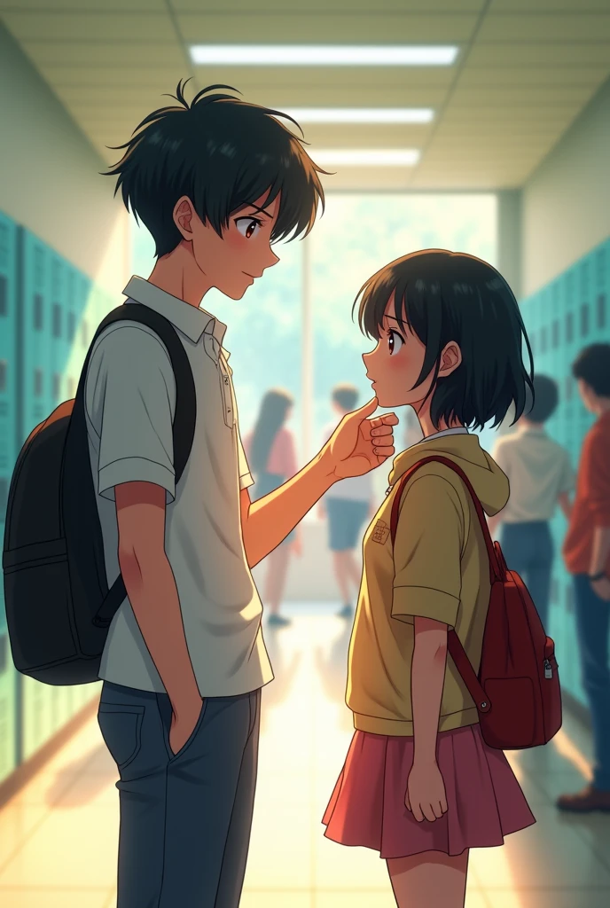 anime style,high school couple , a boy touch the girl hair , boy is a badminton player height:180 white skin thin muscle and tall and Textured bowl cut ,the girl has black curve hair introvert and shine and very cute, fashion clothes
far vision
