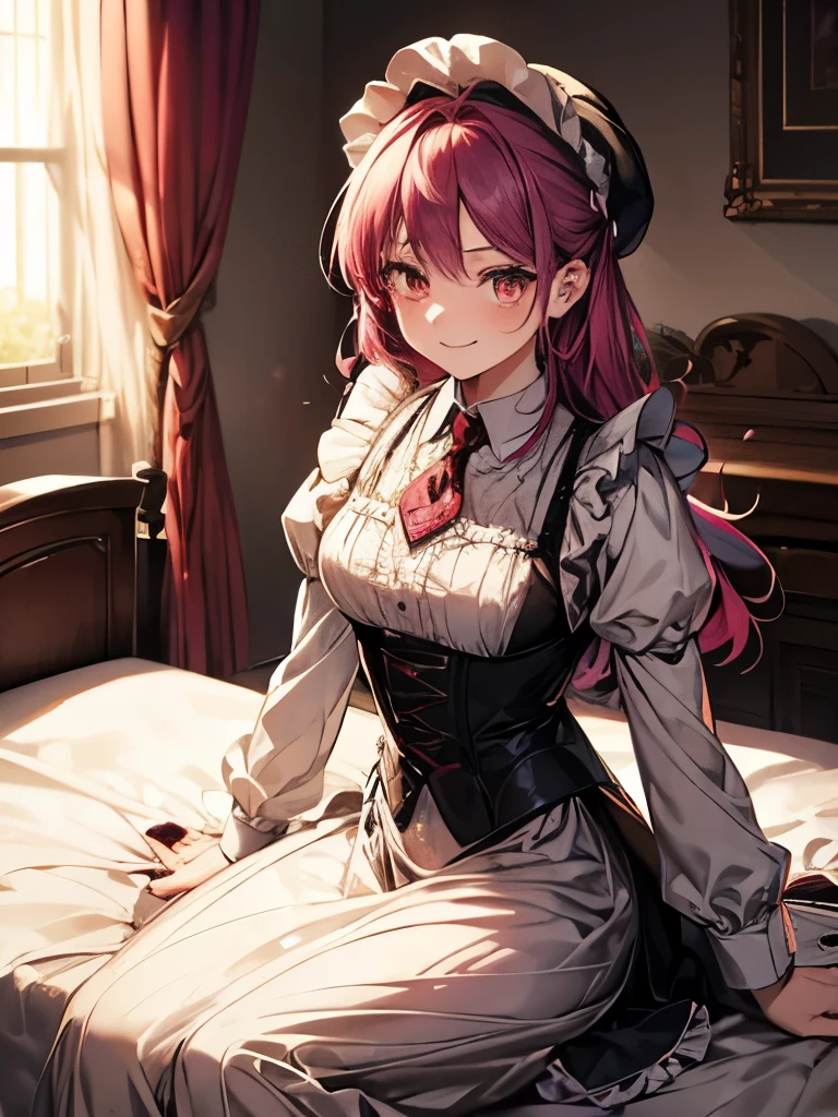 Blur the background、With a warm appearance、Victorian(afternoon)Dressed in a maid outfit, Crimson tie、she sits by the bedside and smiles sweetly...、Wearing a mob cap、Tie your hair、Colorful hair colors、Sparkly air、Dancing Petals、hot summer、amount