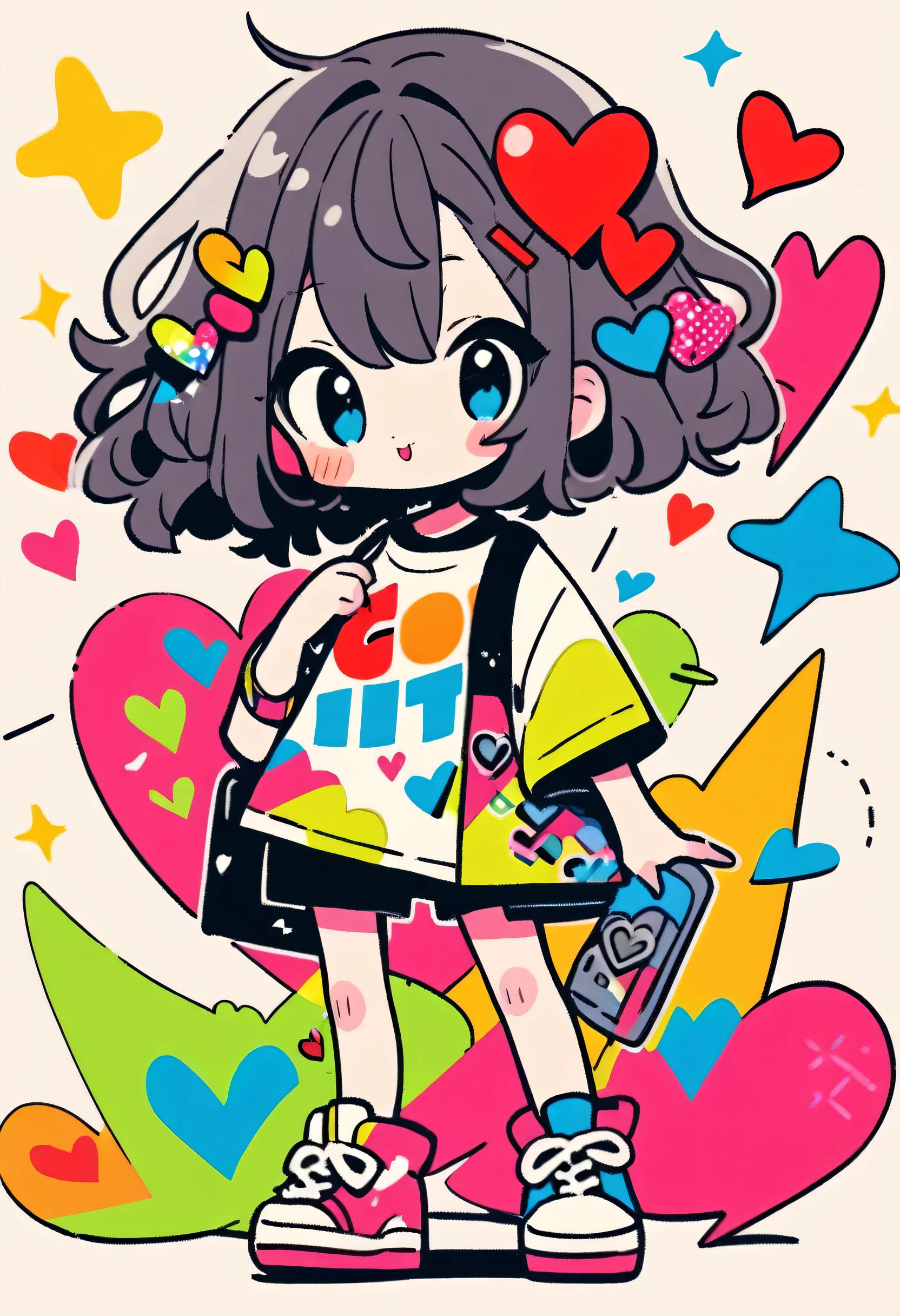 Ultra-realism Micho colorful style, Simple Line Initialism，Abstract art，(((The most beautiful girl of all time))), chibi, Sweet face. Lips in love, colorful hearts, stylish design, Harajuku fashion in summer, Dark Eyes, Walking, (((Japan))), Colorful graffiti