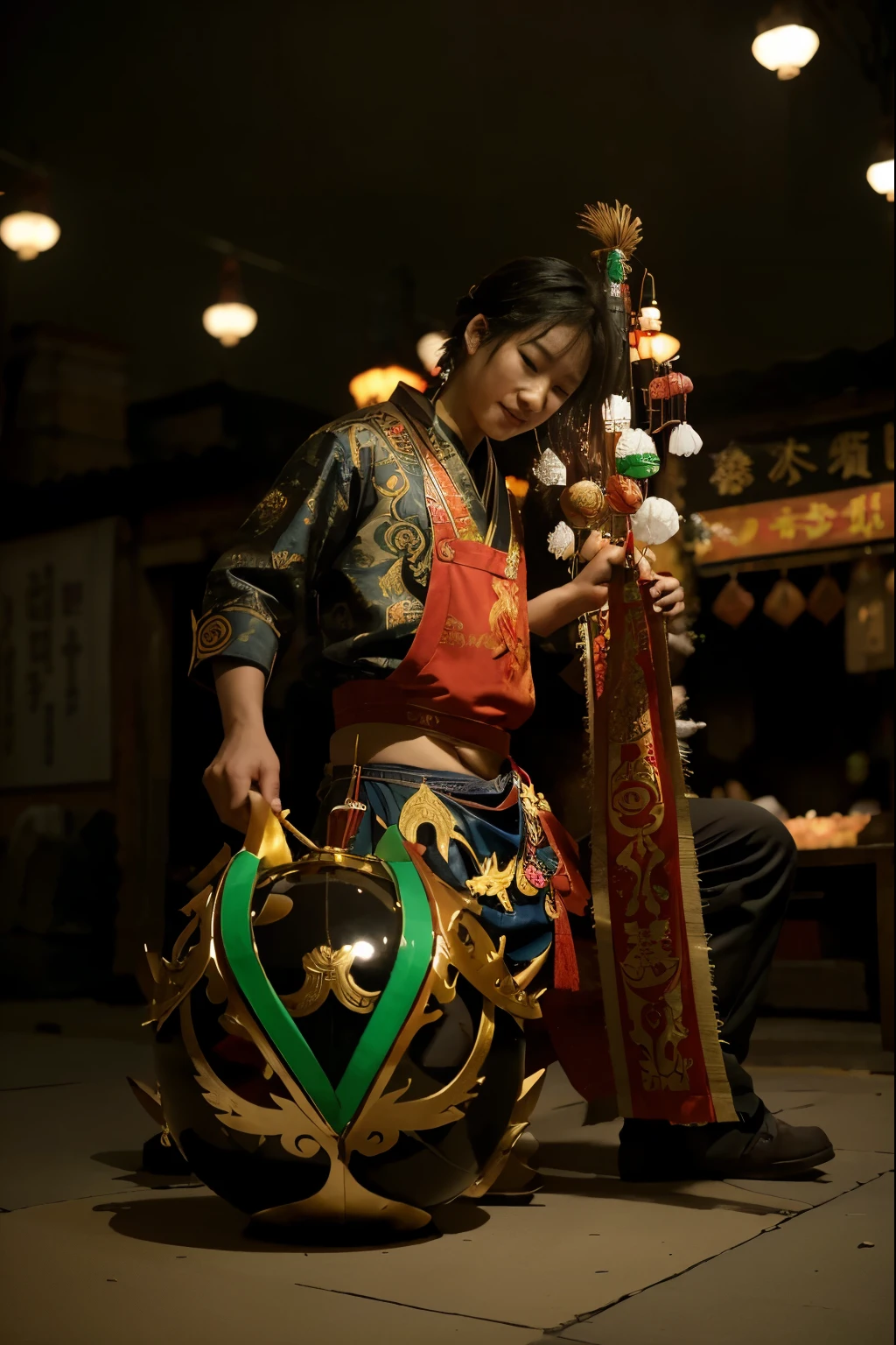 (Best quality, 8k, 32k, Masterpiece, UHD:1.2), Transform the setting into the vibrant city of Liyue, filled with the festive spirit of the Chinese New Year. The streets are adorned with bright red lanterns, intricate banners, and traditional decorations symbolizing prosperity and good fortune. The architecture reflects Liyue's unique blend of traditional Chinese design with fantastical elements, showcasing towering pagodas, curved rooftops, and intricate carvings. The night sky is illuminated with a dazzling display of fireworks, casting a warm glow over the city and creating reflections in the nearby waterways.
The central square is the heart of the celebration, where ornate stages are set up for traditional performances like lion dances and music. Market stalls line the streets, offering a variety of festive foods, from steamed buns to tangyuan, adding to the lively atmosphere. The air is filled with the sounds of laughter, firecrackers, and the distant hum of music. The buildings are decorated with glowing lanterns and paper scrolls bearing auspicious messages.
In the background, the majestic mountains of Liyue stand tall, their peaks lightly dusted with water, adding a serene contrast to the bustling festivities. The entire scene captures the joyous and communal spirit of the Chinese New Year, with an emphasis on tradition and celebration.