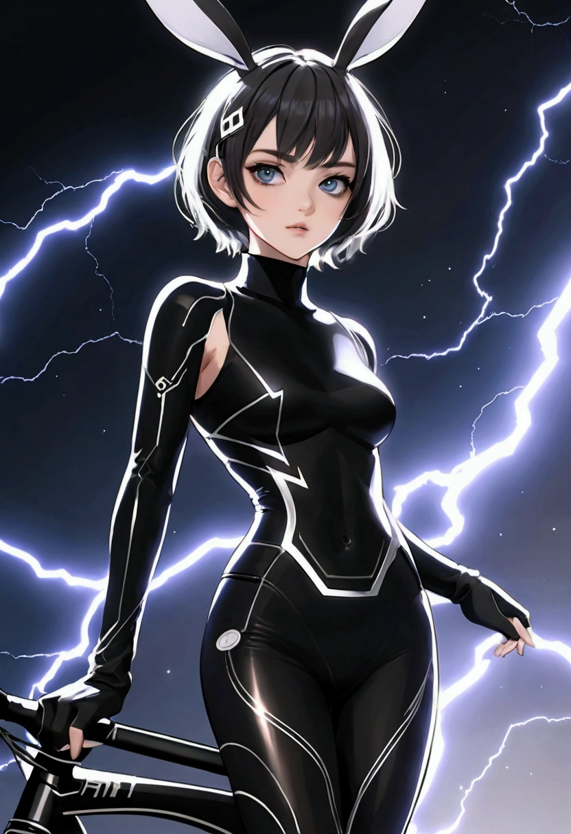 best quality, Extremely detailed, Surreal, Futuristic clothing design,,Designed for flexibility,A monochromatic color scheme that exudes tranquility,Surface reflects light softly,Minimalism,Simple Yet Impactful Feminine Beauty,modernism, Feminine Elements as Visual Art, 先进技术与自然的Fusion,Photorealistic rendering,, 1girl riding bike, full-body shot, White Webbed Bunny Ears, Cyberpunk kimono, translucent, Shiny fabric, Low-rise black leggings, purely, Kimono top, Monochromatic color palette, Smooth lines, Futuristic Decor, High-tech accessories, simple design, Fusion, Bold and minimalist, Calm expression, Cybernetic enhancement, Striking elegance, /// /// rest (Gray short hair, Drooping eyes, Droopy eyebrows:1.3), Make her blue eyes brighter, The face is well defined，cute, big eyes, Highlight her fair and bright skin, (In specific, Realistic Black Shadowv, realistic lightning:1.3), rest Incredibly slim waist, Upward medium and perky ???????, Disproportionate ???????, and rounded medium ????, Exuding the beauty of sculpture,