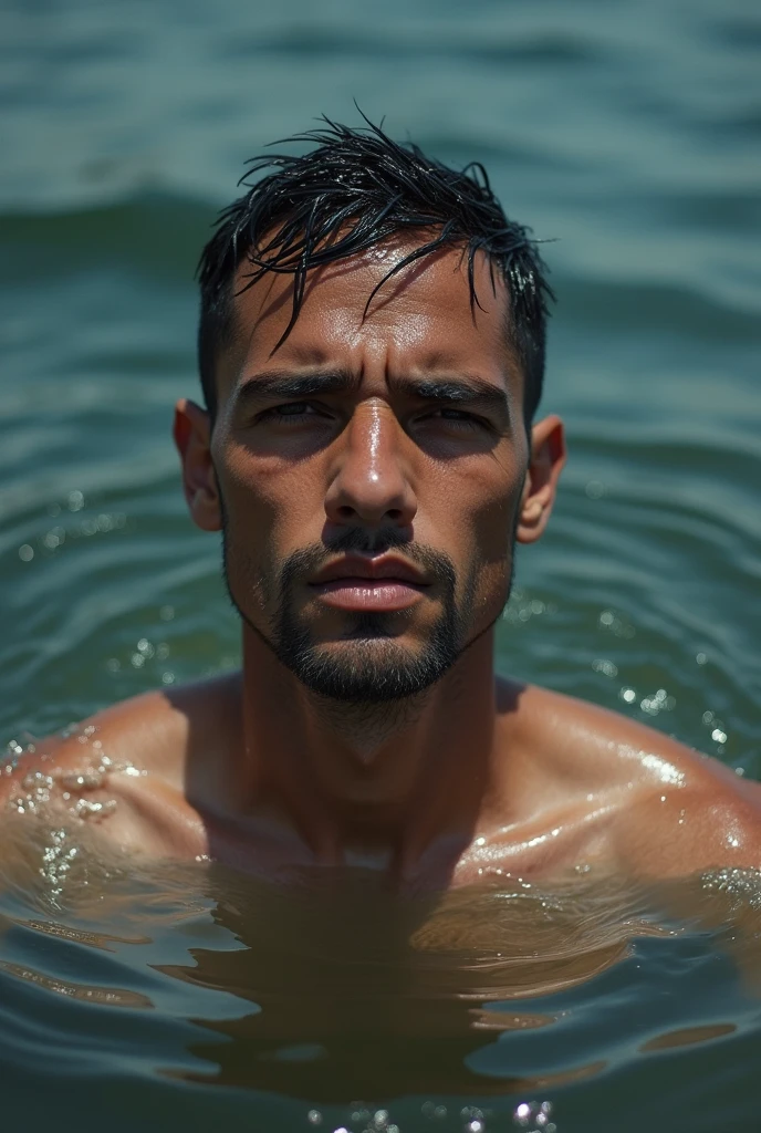 "A man is submerged in the river with full clothes, letting himself be carried by the current. His face shows a deep sadness. The image is captured from face to chest, emphasizing the emotion in his expression as the water surrounds him."