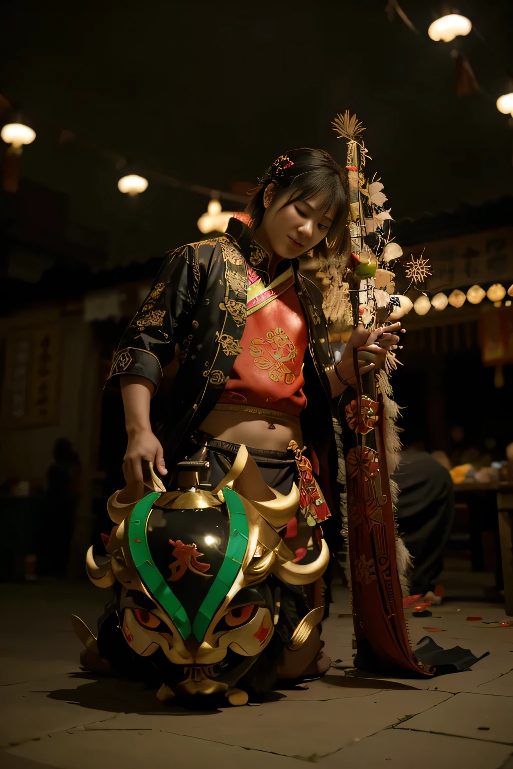 (Best quality, 8k, 32k, Masterpiece, UHD:1.2), Transform the setting into the vibrant city of Liyue, filled with the festive spirit of the Chinese New Year. The streets are adorned with bright red lanterns, intricate banners, and traditional decorations symbolizing prosperity and good fortune. The architecture reflects Liyue's unique blend of traditional Chinese design with fantastical elements, showcasing towering pagodas, curved rooftops, and intricate carvings. The night sky is illuminated with a dazzling display of fireworks, casting a warm glow over the city and creating reflections in the nearby waterways.

The central square is the heart of the celebration, where ornate stages are set up for traditional performances like lion dances and music. Market stalls line the streets, offering a variety of festive foods, from steamed buns to tangyuan, adding to the lively atmosphere. The air is filled with the sounds of laughter, firecrackers, and the distant hum of music. The buildings are decorated with glowing lanterns and paper scrolls bearing auspicious messages.

In the background, the majestic mountains of Liyue stand tall, their peaks lightly dusted with water, adding a serene contrast to the bustling festivities. The entire scene captures the joyous and communal spirit of the Chinese New Year, with an emphasis on tradition and celebration.
