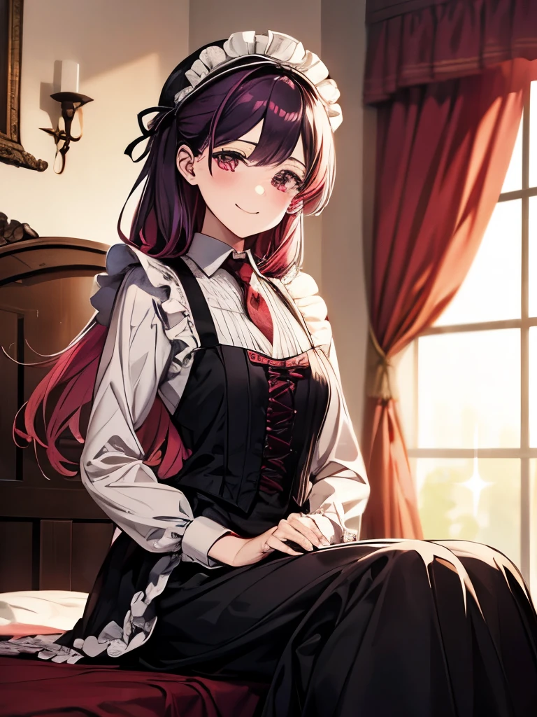 Blur the background、With a warm appearance、Victorian(afternoon)Dressed in a maid outfit, Crimson tie、she sits by the bedside and smiles sweetly...、Wearing a mob cap、Tie your hair、Colorful hair colors、Sparkly air、Dancing Petals、hot summer、amount