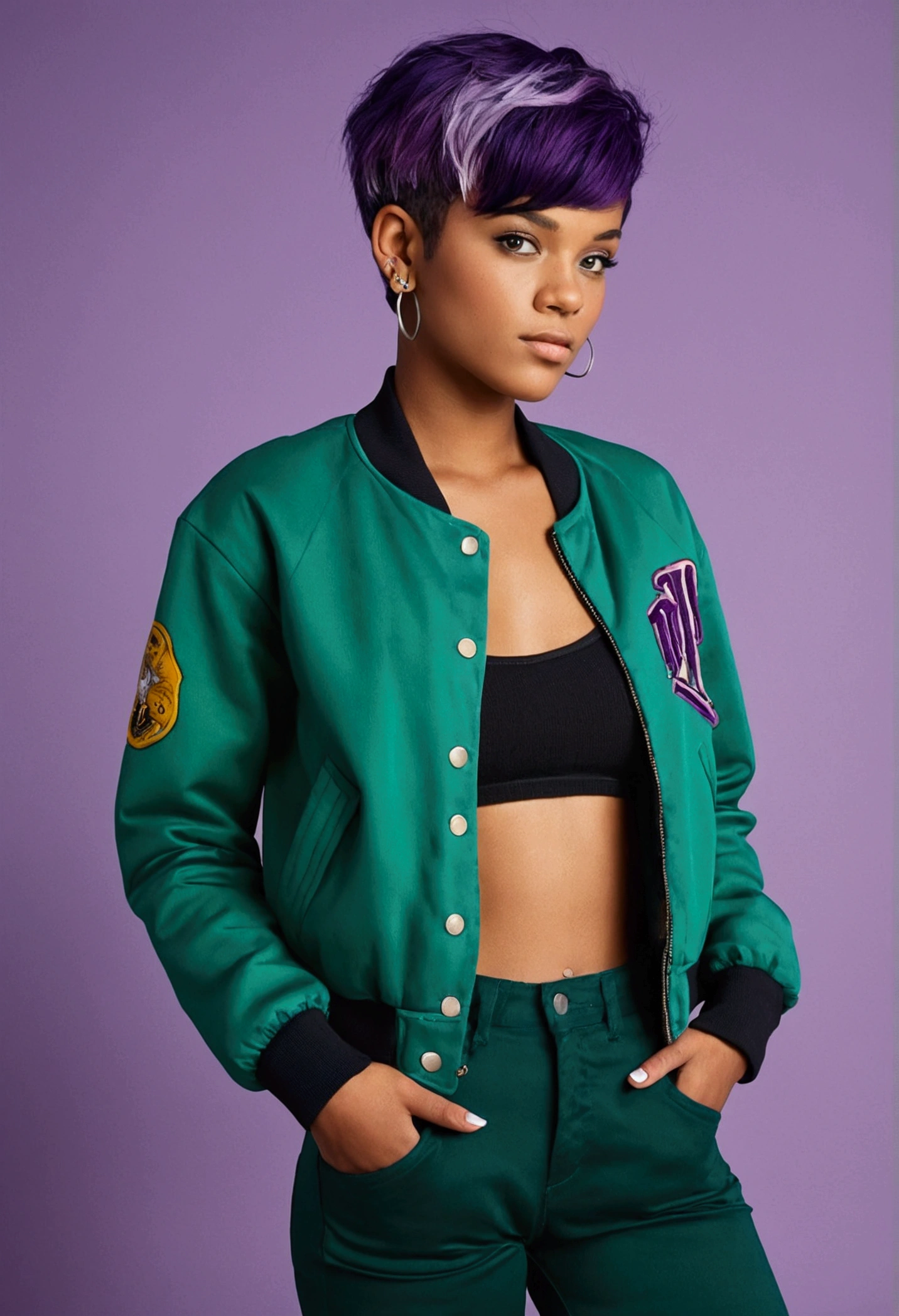 riley fairfeather, masterpiece, best quality 1girl, solo, 1girl, solo, freckles, dark skin, dark-skinned female, purple eyes, short hair, green hair, multicolored hair, very short hair, black hair, undercut, gradient hair, two-tone hair, piercing, ear piercing, nose piercing, small breasts, full body, standing, hands in pockets, long pants, letterman jacket, open jacket, bandeau,