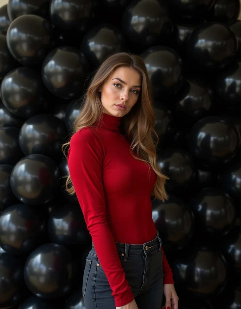 professional photograph of a 35 year old model, masterpiece, best quality, highly detailed background, beautiful evil slavic muscular woman, pale skin,long very light brown hair, perfect lightingbest quality,fashion portrait photo of beautiful woman from the 60s wearing a red turtleneck standing in the middle of a ton of black balloons, taken on a hasselblad medium format camera, dynamic, dramatic, sensual, ((dynamic pose)), highly detailed skin with hair, subcutaneous veins,skin fluff,fine wrinkles,high contrast,best Ray tracing, light and shadow play, highly detailed,24mm photograph, film, bokeh, professional, 4k,