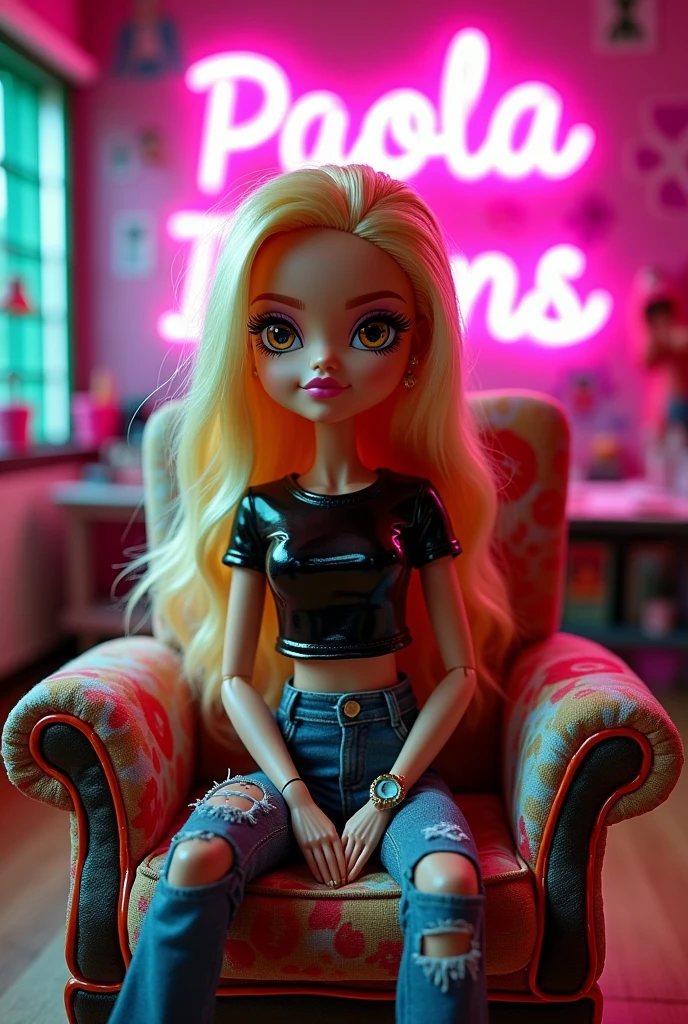 (photorealism:1.2), a chibis style bratz doll sitting on an armchair, her name is Paola, she is blonde and wears a shiny black t-shirt and cut off pants. Behind her in neon letters the word "paola designs"