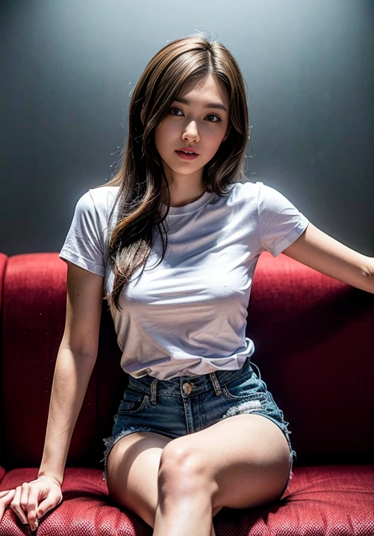 A boldly composed photograph of a Japanese woman that looks like it was taken by a famous artistic photographer, (((Blockbuster art photography)), (8k, Highest quality). A stunning composition using a model with excellent proportions. Perfect beauty model with a confident and balanced appearance, ((Highest quality質)), ((masterpiece)), (Familiar:1.4), ((Highest quality質のリアルな写真)), ((Shot with Hasselblad)), ((Best photo quality)), Beautiful womanの画像,Super Resolution,Slim and perfectly proportioned, Beautiful woman, ((Highest quality質, 8k, masterpiece: 1.3)), Beautiful woman, 1 female, Slim figure: 1.1, Perfect beauty, 20-year-old, (Realistic: 1.4), Ahegao, Shining Sweat, thin, Art photo composition with space around the woman, See through, (((Studio shot))), (((The background is only gray and there is nothing.))), Full body photo, Anatomically correct hand, Anatomically correct legs, anatomically correct whole body, Marble room, White T-shirt and hot pants. Cowboy Shot, (((Holding your crotch with your hand))). (((Sitting on the sofa facing forward))),