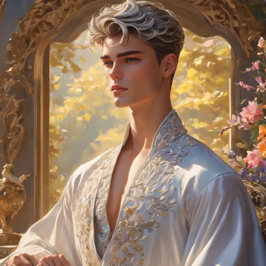 In this breathtaking artwork, miniature doll-sized male models, inspired by the iconic supermodels Sean O’Pry and Lucky Blue Smith, take center stage in a vibrant scene reminiscent of a Ken doll fantasy. With jointed doll features and porcelain-like skin, these charming figures boast an irresistible blend of sophistication and natural beauty.
Sporting short silver-gray undercut hairstyles, Wearing small white embroidery-detailed thong, he has toned chest and abs and he exudes sophistication and elegance against the backdrop of a luxury bedroom. The room is adorned with 1915 Oriental theme, surrounded by luxury exotic furniture, velvet drape curtains, and colorful wildflowers, creating a vibrant and enchanting atmosphere. The robe is open up, revealing his toned chest and abs.
Captured from a dynamic angle, over shoulder look photo showcases the models amidst the meticulously arranged Employing three-point lighting and incorporating 3D animation shadows, the photographer enhances the models' features, resulting in an image of unparalleled realism and detail.
using a Canon EOS R6 and Sigma AF 24mm F1.4 EX DG HSM lens by Thomas Synnamon, the focus of the photo is on his captivating presence and the intricate details of the surroundings, Utilize natural soft lighting, casting gentle highlights and shadows that accentuate the contours of his face and body, The light creates a warm intimate atmosphere with a soft golden tone that enhances his skin,
With its dramatic composition and seductive lighting, this masterpiece invites viewers to immerse themselves in a world of charm and sophistication. It celebrates the beauty of the male form while capturing the essence of a fun-filled day, where joy and relaxation abound.