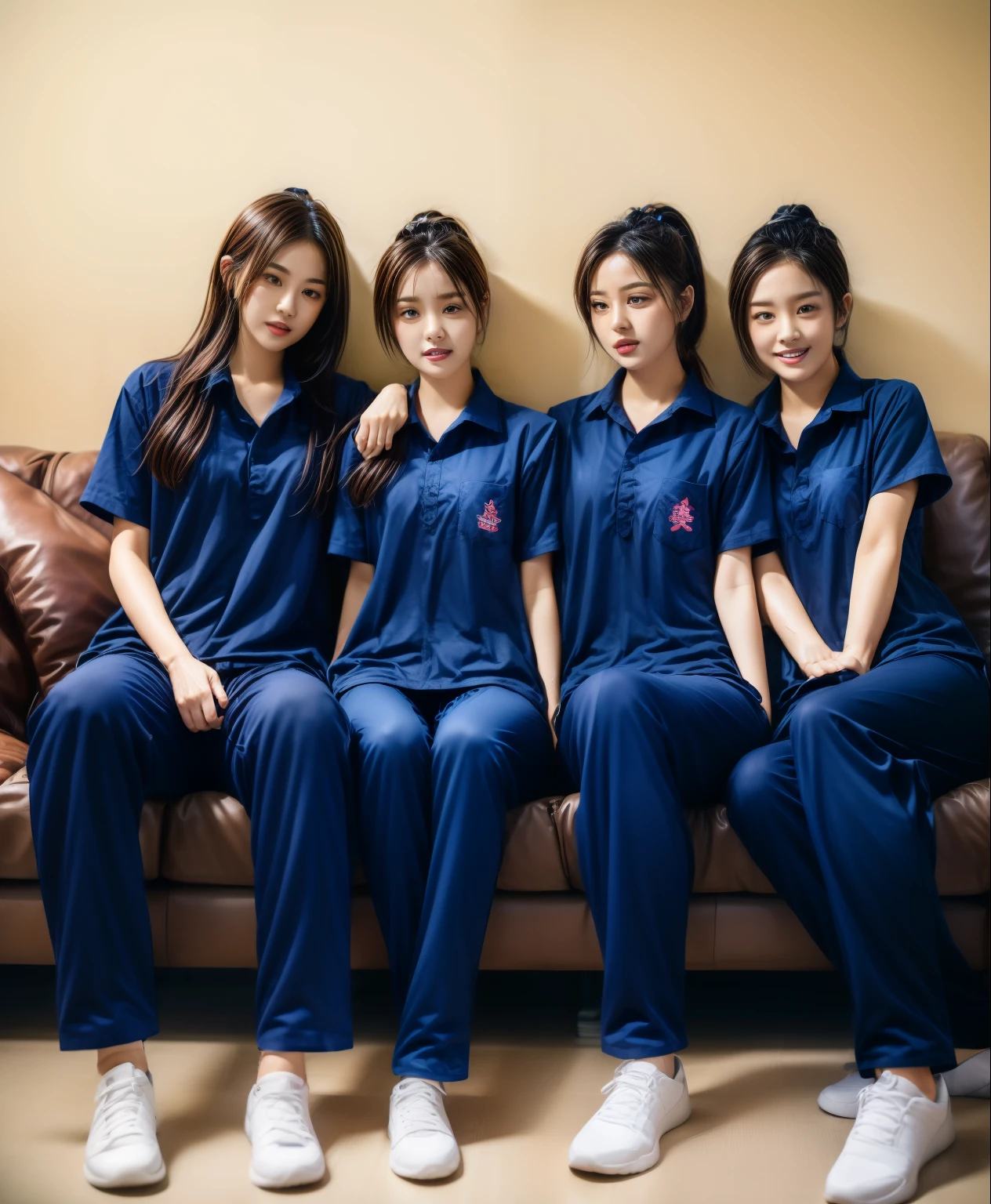 3 girls lie about on sofa living room, Navy blue short-sleeved shirt,Navy Long Trackpant,Sweatpants, Sweatpantsขายาว,25 year old girl, lesbian, sexy, exercise clothes, wet body, exercise clothes