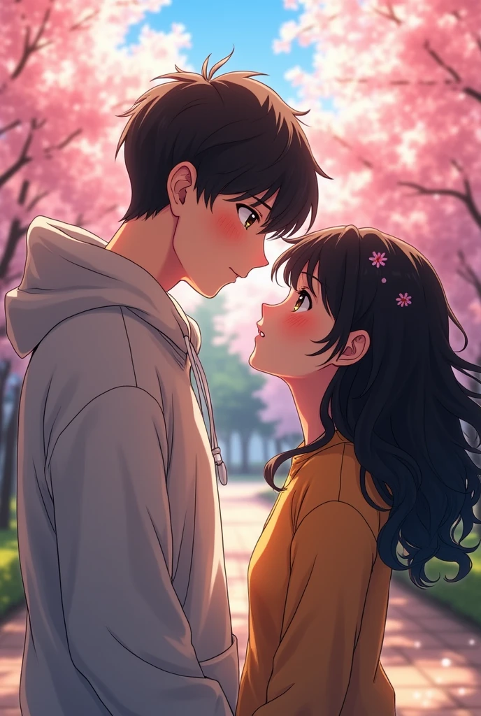 anime style,high school couple , a boy touch the girl hair , boy is a badminton player height:180 white skin thin muscle and tall and Textured bowl cut ,boy waer Hoodie the girl has black curve hair introvert and shine and very cute,