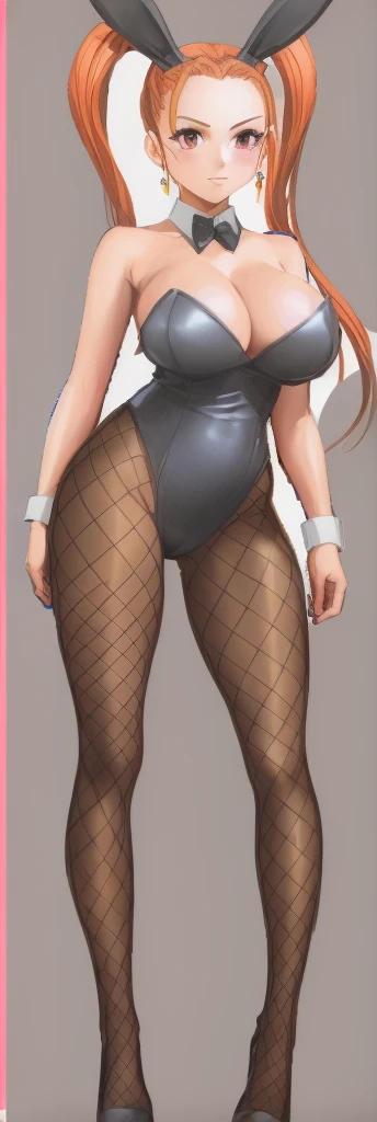 Jessica, with large breasts, beautiful legs, and twintails, is standing with her hands on her hips, wearing a black high-cut bunny suit and fishnet tights.。Angle from behind。