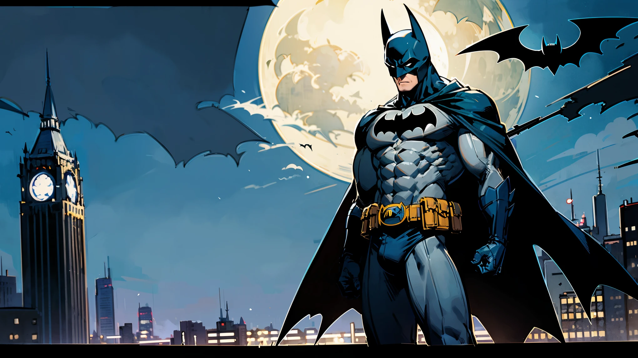 batman,blue cape,mask,white eyes,no pupils ,superhero,bat ears,pouch,spandex, grey bodysuit ,abs,muscular male, utility belt, moon in the background, standing on roof, full moon, gothic city background, black bat symbol on chest,
