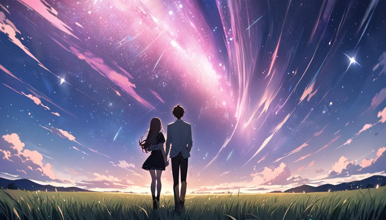 good looking, 2 high school students, Date,1 male, 1 female,Dark brown hair, Pink highlights on the tip, Pale pink eyes,A vast night sky with twinkling stars,A vast grassland,