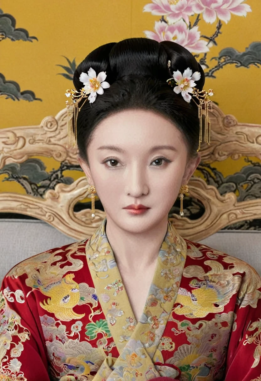 From the pre-Qing period, The Empress sits naked on a large golden sofa in the palace, Her legs were spread, At the Chinese court during the Qing Dynasty, Empress of the Qing Dynasty, Wearing the great crown of the Chinese Empress, Belly and thighs visible from below.。She is completely naked, Showing off gorgeous large flowers and hairpins, She tied her hair up and pulled it up, 背景はEmpress of the Qing Dynastyの豪華な宮殿.